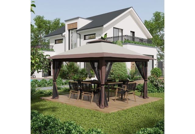 Outsunny Pavillon 4x4m Stabil Winterfest Pop-up Gartenpavillon mit Doppeldach, UV Schutz 50+ Partyzelt Gartenzelt mit 4 Seitenteilen Tasche Sandsäcke
