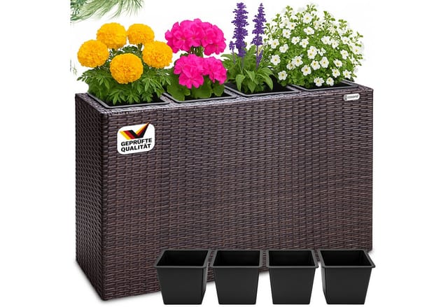 Blumenkasten 4 Innentöpfe Polyrattangeflecht Herausnehmbar Blumentopf Übertopf Pflanzkübel Pflanzkasten braun - Casaria