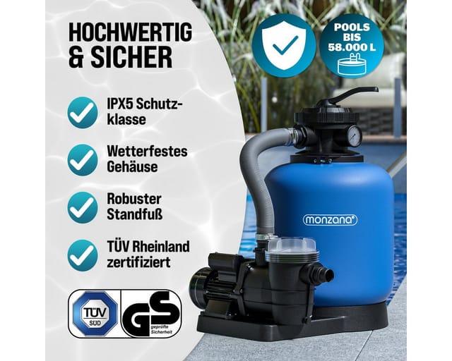 Sandfilteranlage 13.200L/h bis 58.000L Pool Vorfilter 7-Wege-Ventil 600W 30L Tank 2in1 Adapter Ø32-38mm Filteranlage Poolfilter Sandfilter - Monzana
