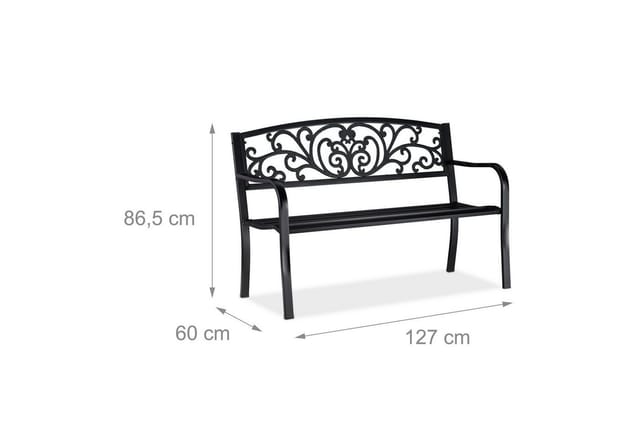 Relaxdays Gartenbank, bequemer 2-Sitzer, mit Vintage-Ornamenten, für Terrasse, Balkon, HxBxT 86,5 x 127 x 60 cm, schwarz
