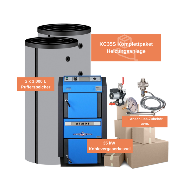 Feueranker ® - Komplett-Set Wasserführender Kohlevergaser Atmos kc 35 s Heizung Kohle