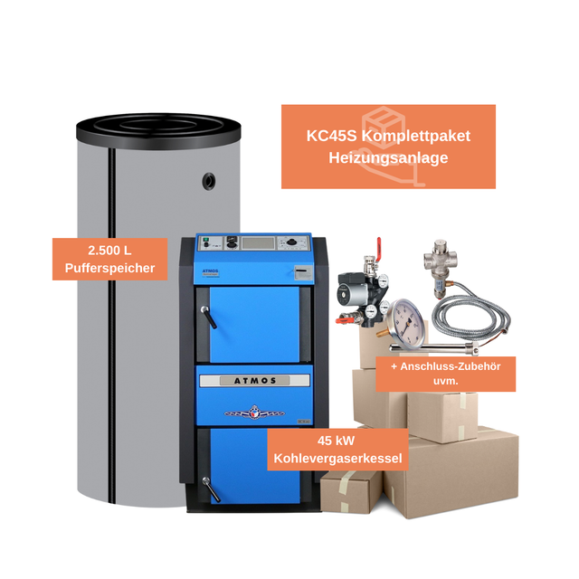 Feueranker ® - Komplett-Set Wasserführender Kohlevergaser Atmos kc 45 s Heizung Kohle