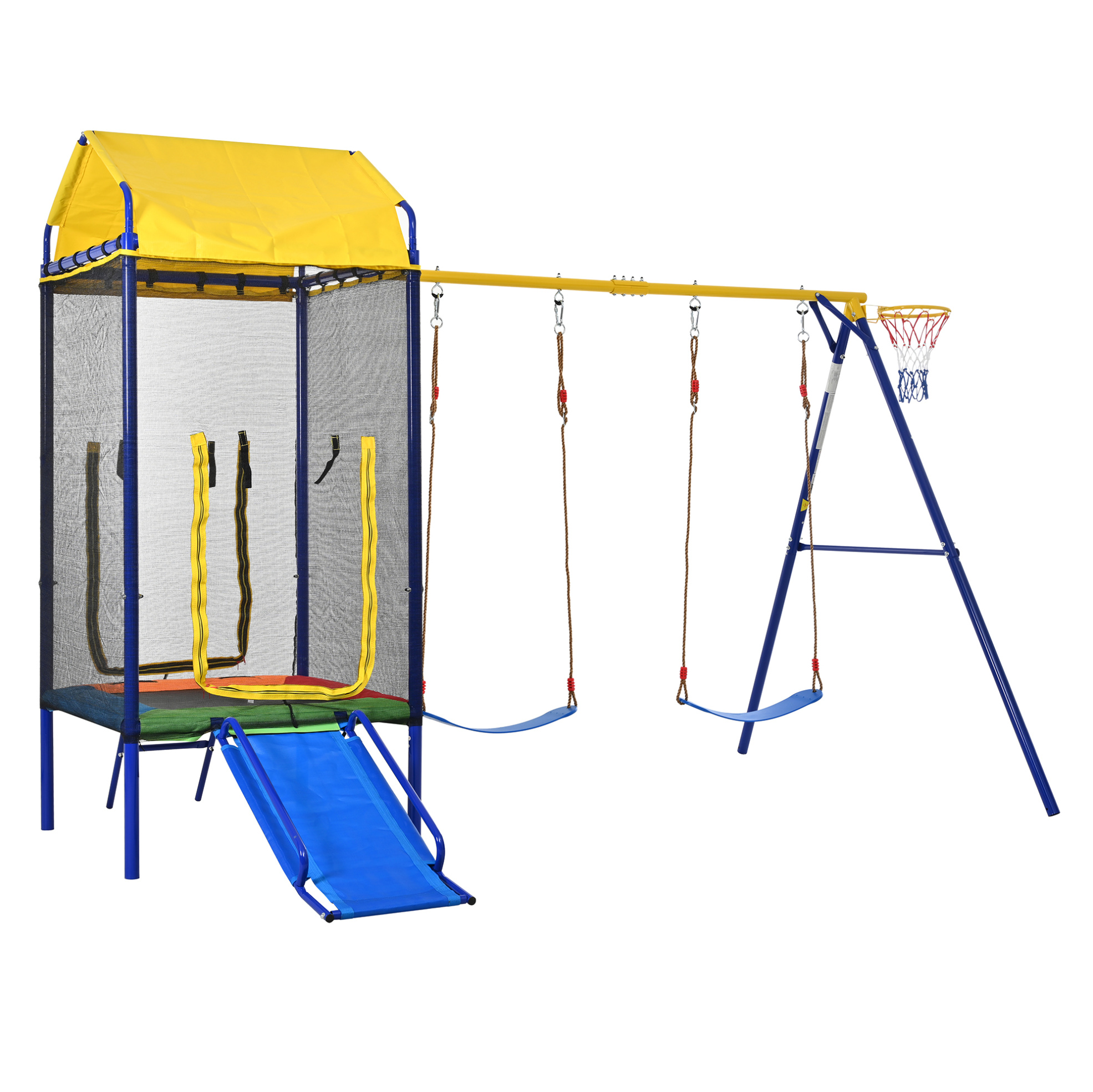 4-in-1 Outdoor-spielset Für Kinder Mit Trampolin, Schaukel, Rutsche Und Korb Modenuit