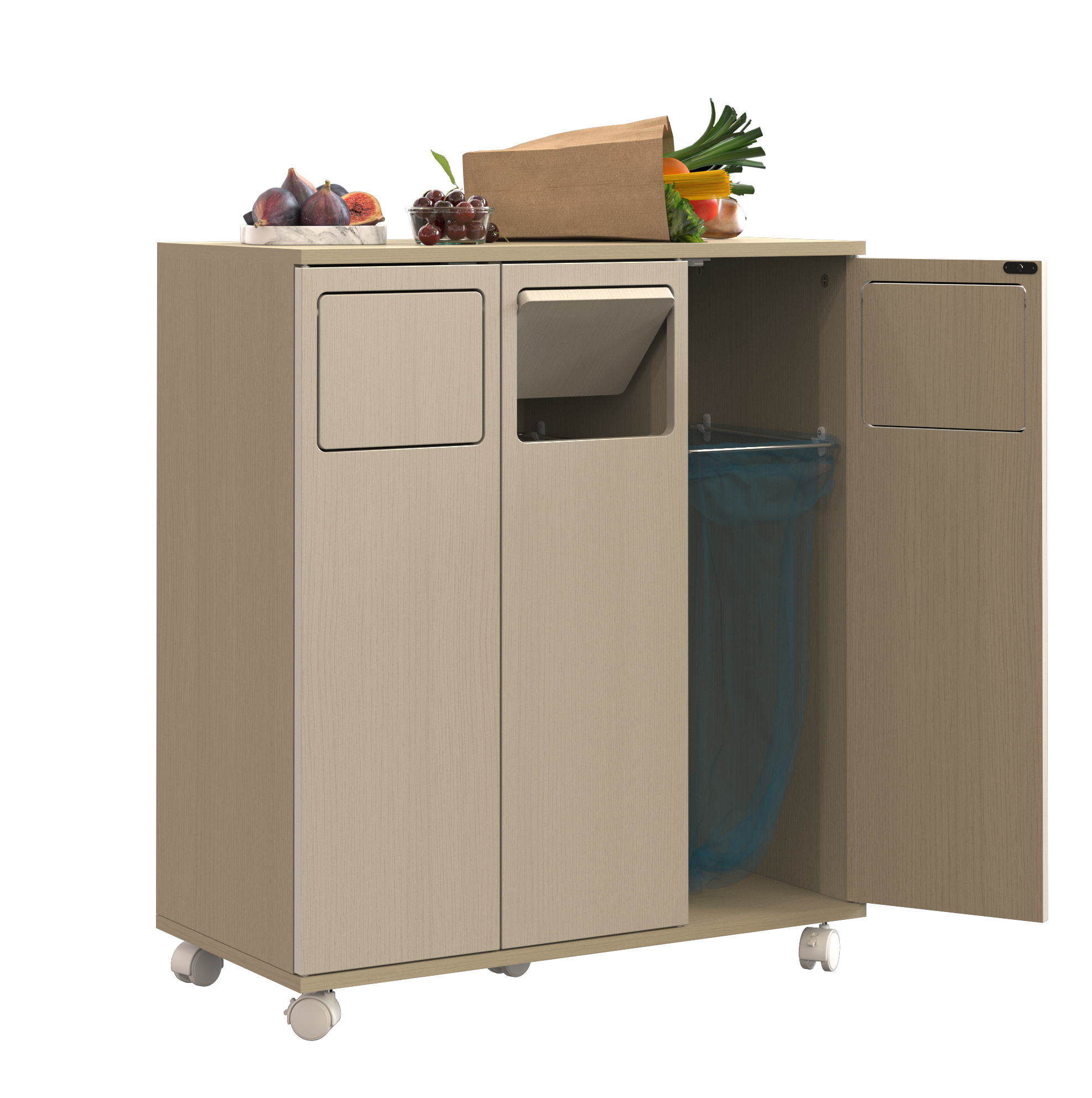 Mülltrennschrank Mit 3 Fächern Aus Mdf Auf Rollen, 69,3 X 35 X 80,3 Cm