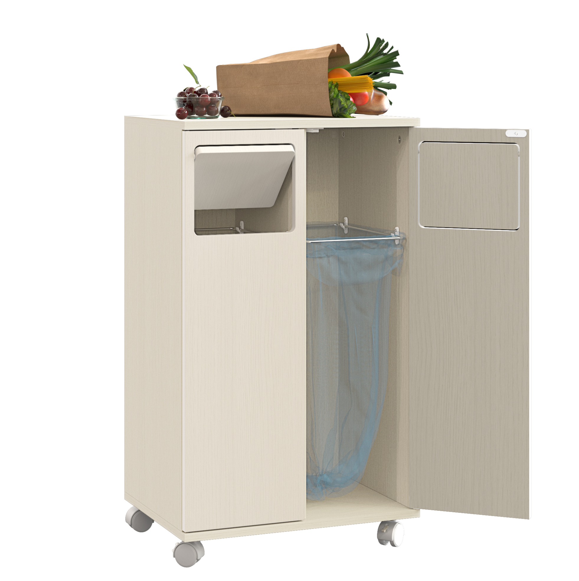 Müllschrank Mit 2 Fächern Aus Mdf Auf Weißen Rollen, 46,7 X 35 X 80,3 Cm