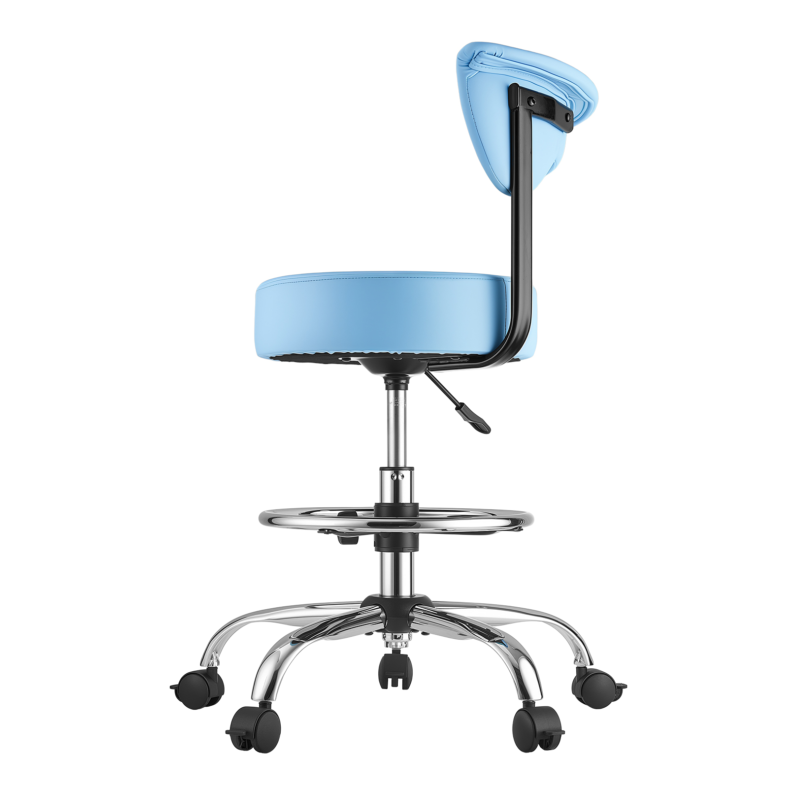 Mophorn Rollhocker 226,8 Kg, Höhenverstellbarer Arbeitshocker Mit Rückenlehne & Ergonomischem Pu-ledersitz, 360° Drehbar, Geeignet Für Zahnarztpraxen, Kosmetikstudios & Kliniken, Blau