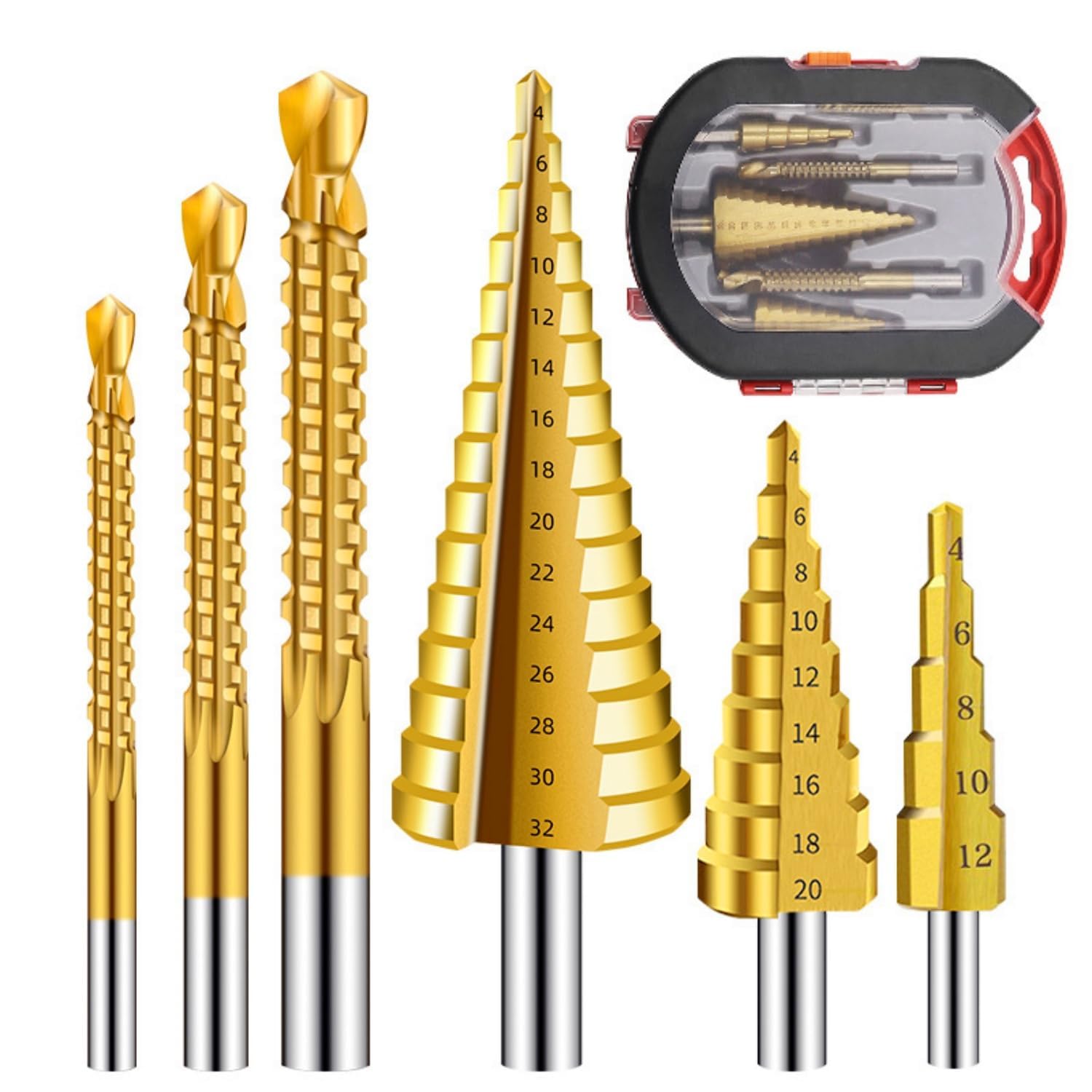 Dieses 6-teilige Set Titanbeschichteter Bohrer Enthält 3 Stufenbohrer Und 3 Spiralbohrer In Verschiedenen Größen Für Die Metall- Und Holzbearbeitung.