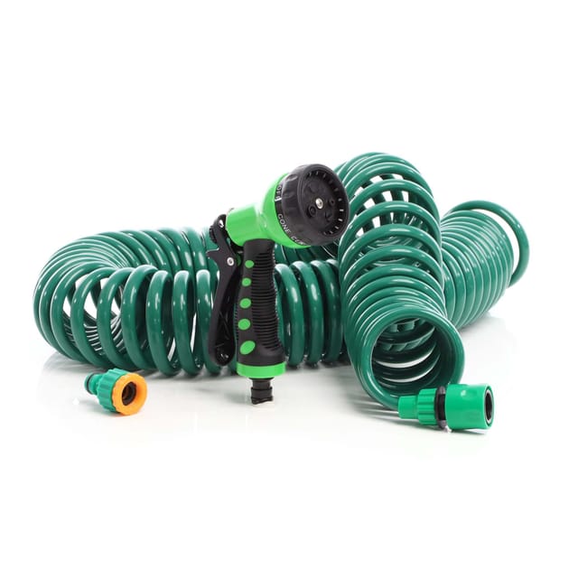 Wiltec - Gartenschlauch 15m mit 7 Sprühfunktionen, Spiralschlauch, flexibel Bewässerungsschlauch für Haus und Garten