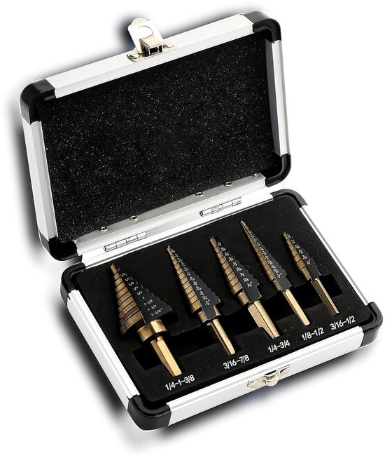 5-teiliges Titan-stufenbohrer-set, 50-teiliger Pagodenbohrer Für Metall, Aluminium, Holz Und Kunststoff, Mit Aluminiumgehäuse – Messingfarben