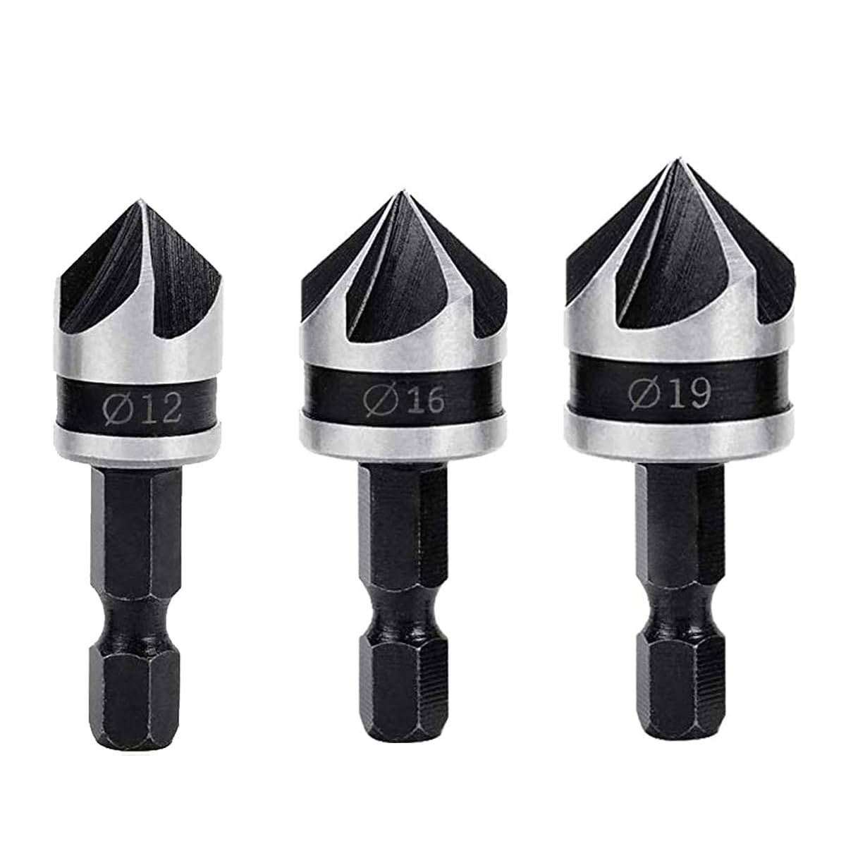 3-teiliges Set Bestehend Aus 5-schneidigen, Konischen Walnussholzfräsern Und 1/4-zoll-sechskant-schaftfräsern Zum Anfasen Von Holz.