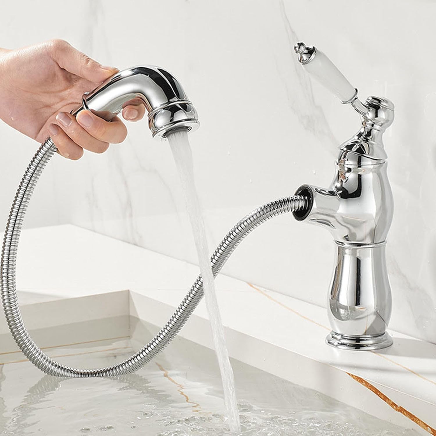 Badezimmerarmatur, Waschbeckenarmatur, Retro-armatur, Badezimmer-einzelarmatur Mit Ausziehbrause, Verchromte Warm- Und Kaltwasserarmatur.