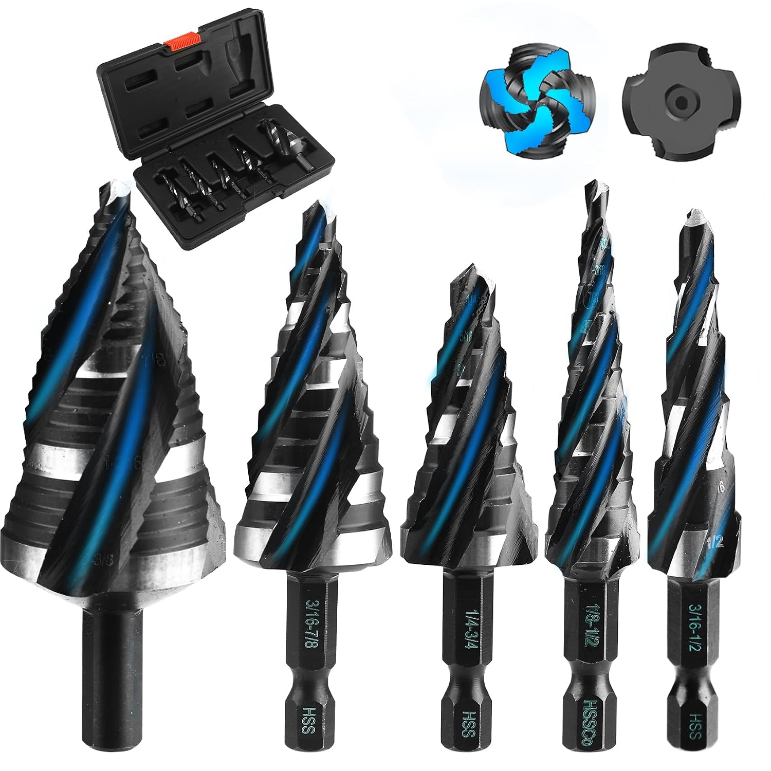 5-teiliges Stufenbohrer-set Mit Titanbeschichtung – Vier Spiralförmige Aussparungen – 1/4"-sechskantschaft – 50 Größen – Edelstahl, Aluminium, Holz – 1/4" – 5-teilig