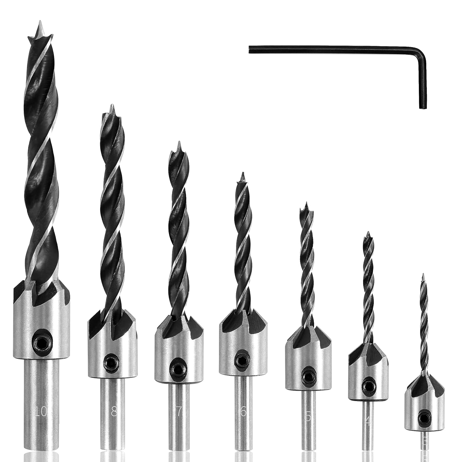 7-teiliges Holzbearbeitungsbohrer-set, Bestehend Aus Einem Konischen Senkbohrer, Einer Spiralförmigen Holzbearbeitungsreibahle Und Einem Senkbohrer.