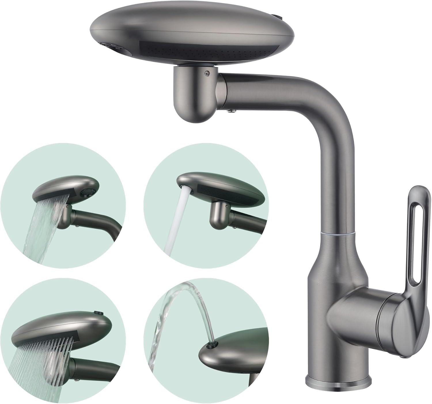 Waschtischarmatur Mit Einem Loch, Multifunktionale Waschtischarmatur In Anthrazitgrau Mit 4 Wasserstufen, Moderne, Um 360° Drehbare Stangenarmatur