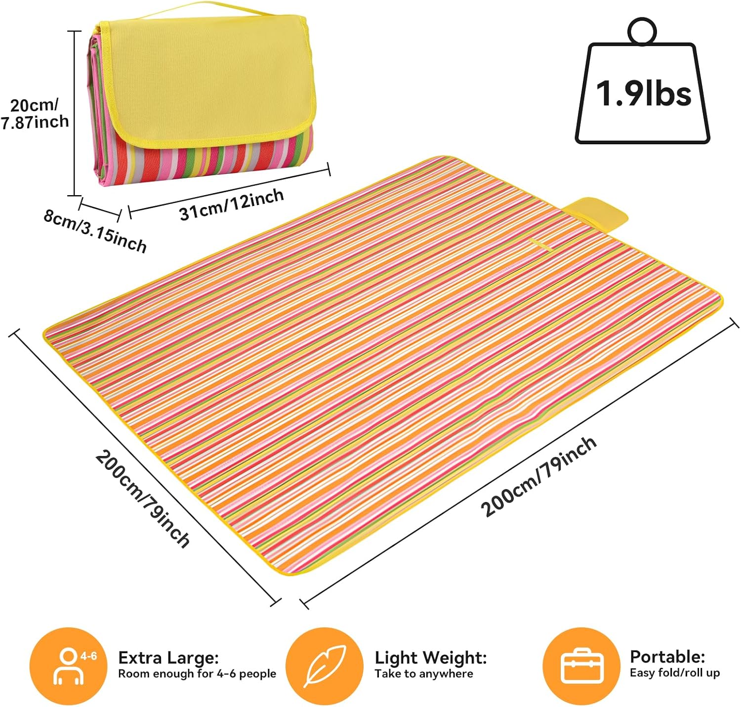 Picknickdecke 200x200cm, Faltbare Picknickmatte, Mehrfarbig