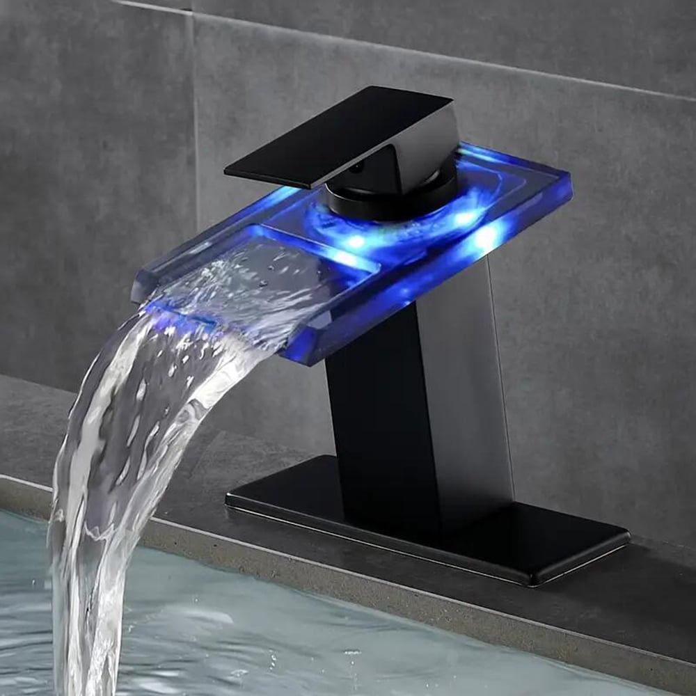 Schwarzer Waschtisch-armatur Mit Led-beleuchtung, Einhebelmischer, Dreiloch-mischbatterie Mit Abdeckung.