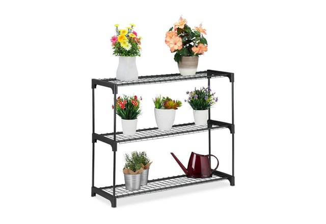 Relaxdays - Pflanzenregal, 3 Ablagen, für Blumen- & Pflanzentöpfe, Indoor, Metall & Kunststoff, hbt: 72x91x28 cm, schwarz