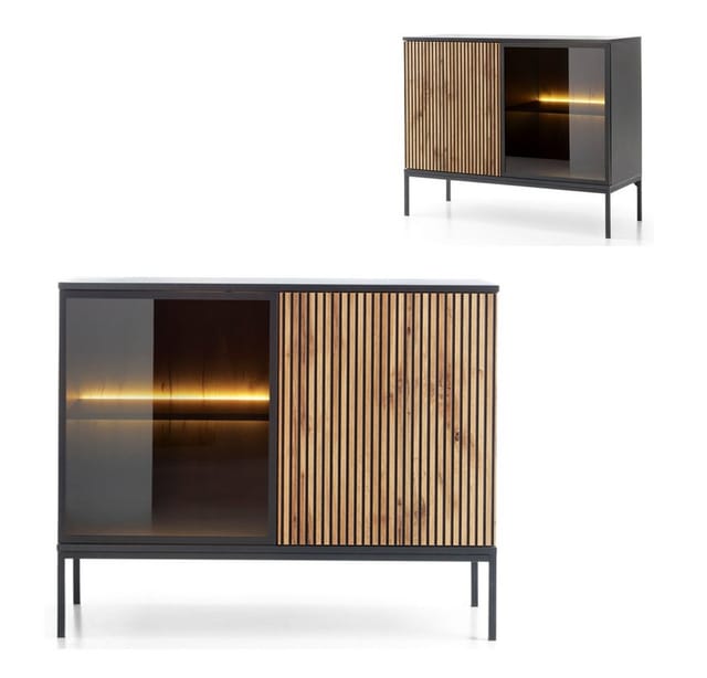 Wohnzimmer Kommode mit Beleuchtung in schwarz mit Wotan Eiche SIBARI-160