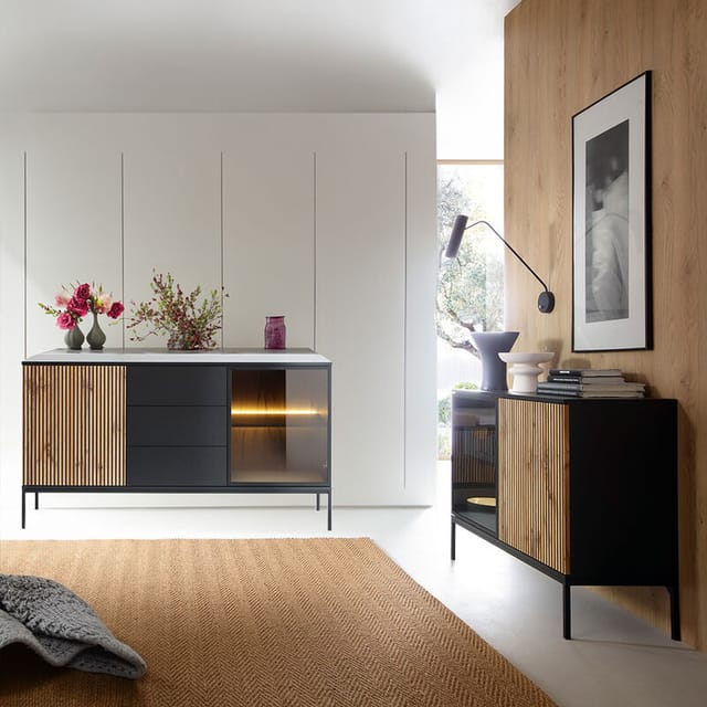 Wohnzimmer Sideboard und Kommode, inkl. Beleuchtung, schwarz mit Wotan Eiche SIBARI-160