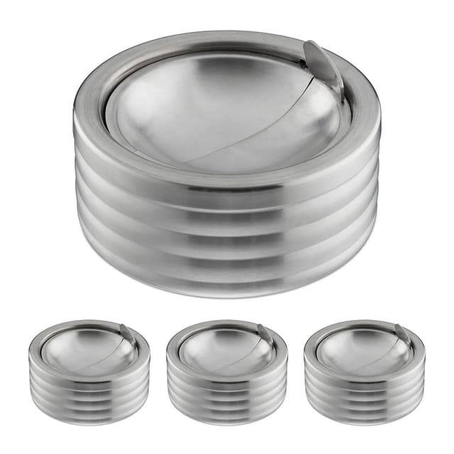 Relaxdays - Windaschenbecher, 4er Set, Klappdeckel, draußen & drinnen, Edelstahl, runder Ascher, HxD: 7 x 11,5 cm, silber