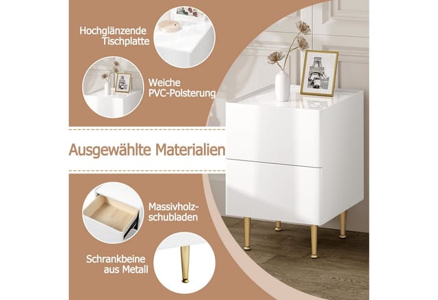1x Nachttisch Beistelltisch mit 2 Schubladen Nachtschrank Hochglanz Telefontisch Nachtschrank Nachtkommode für Schlafzimmer, Holz PVC+Metall,