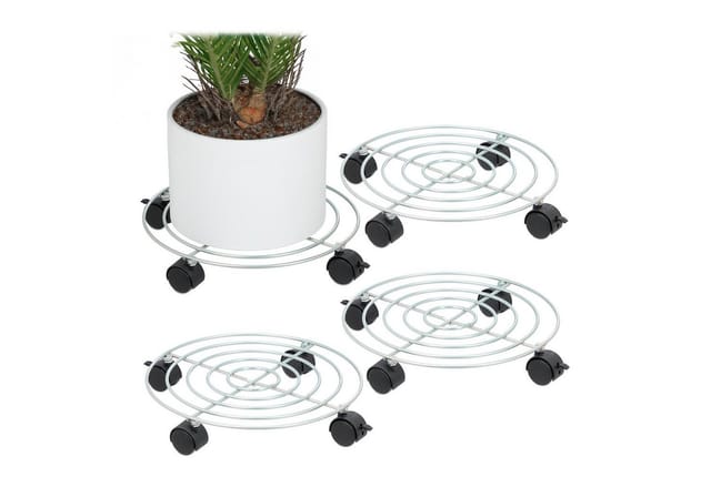 Pflanzenroller, 4er Set, ø 32 cm, Blumentopfuntersetzer mit Rollen, Stahl, Blumenroller für innen, silber - Relaxdays