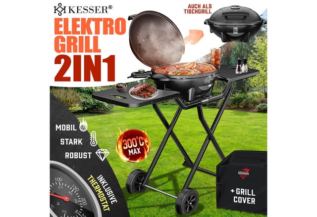 Elektrischer Elektrogrill 2in1 Tischgrill - mit Deckel und Standfuß, max. 2400 Watt, Faltbar, Thermometer, Antihaftbeschichtung, Set mit