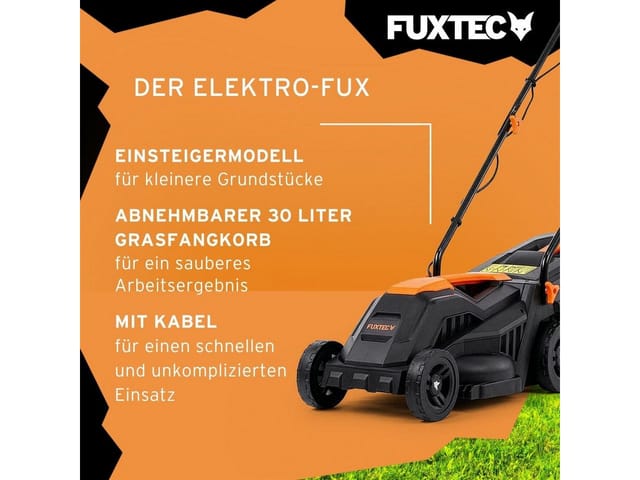 Elektro Rasenmäher mit Kabel FX-RME33 - 33cm mit 30L Grasfangkorb - nur 9kg - Schnitthöhe 20-60mm - 1200Watt & 220V - Fuxtec