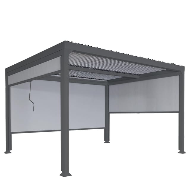 Neuwertig] Alu Pergola HHG 789 mit 3x Seitenwand, Lamellen-Pavillon, stabiles 8cm-Metall-Gestell 3x3,7m anthrazit