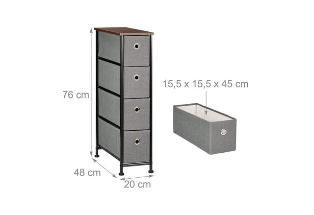 Nischenregal, 4 Stoff-Schubladen, Industrial-Design, Wohnzimmer Kommode, HxBxT: 76 x 20 x 48 cm, braun/grau - Relaxdays