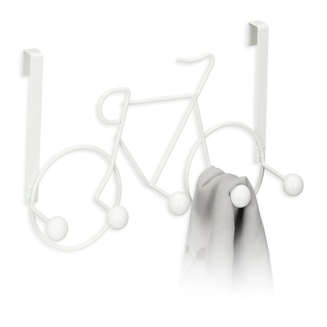 Relaxdays Kleiderhaken im Fahrrad-Design, 5 Haken Flurgarderobe, Türgarderobe zum Einhängen, Metall Türhakenleiste, weiß