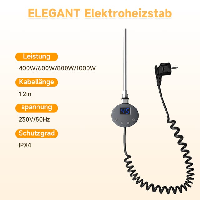 Heizstab mit Thermostat und lcd Display Heizung, Edelstahl Heizelement für Badezimmerheizung, 1000W Anthrazit - Sonni