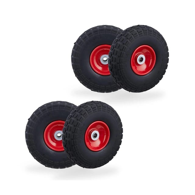 4x Sackkarrenrad, pannensichere Vollgummireifen, 4.10/3.50-4', Stahlfelge, bis 150 kg, 260x85 mm, schwarz-rot - Relaxdays