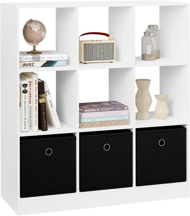 Bücherschrank Bücherregal mit 9 Fächern 3 Schubladen aus Vliesstoff, Würfelregal Standregal Aufbewahrungsregal für Wohnzimmer Schlafzimmer Büro, Weiß