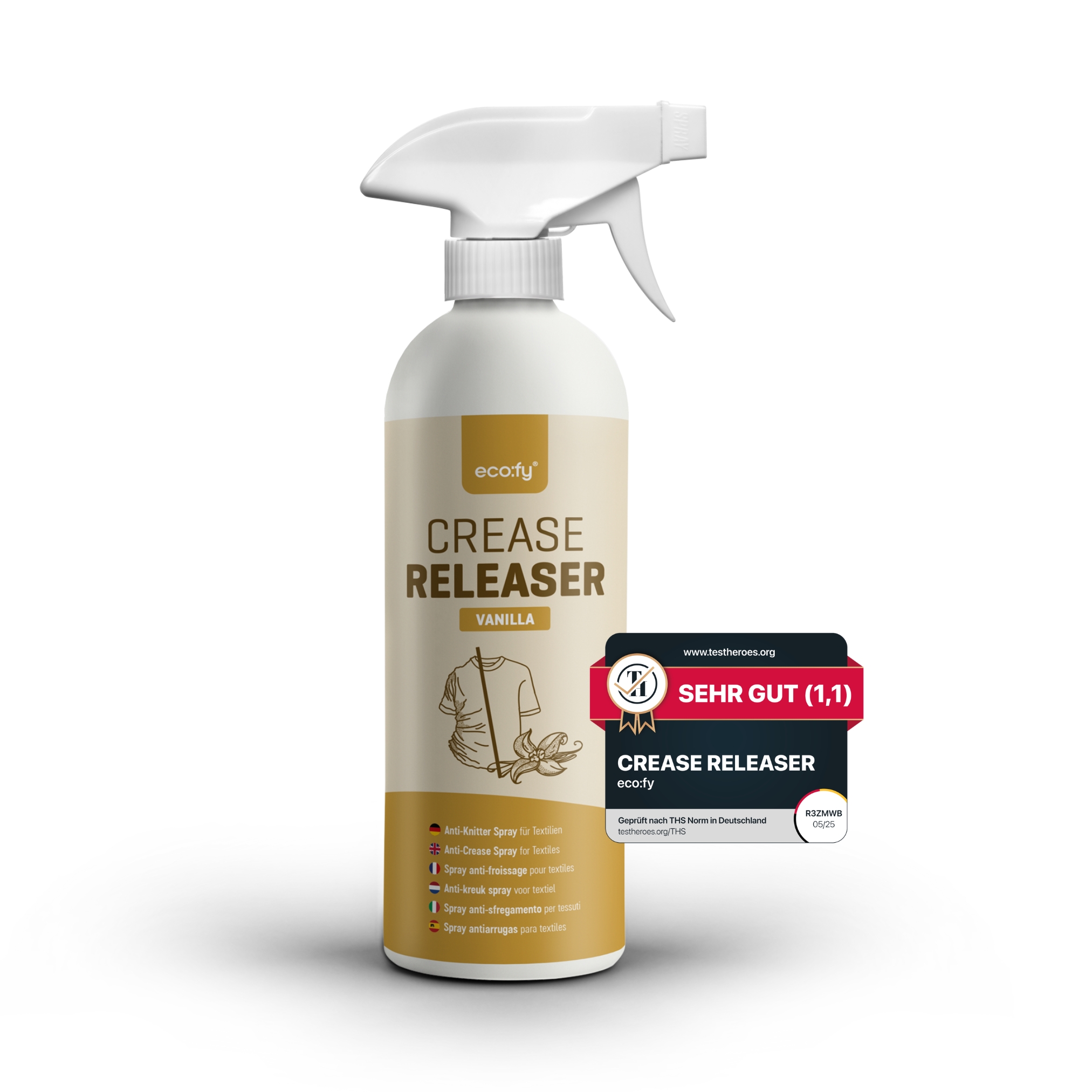 Eco:fy Antifaltenspray Kleidung Vanille, Faltenglatt Spray Ohne Bügeln, Textilerfrischer, Bügelhilfe, Bügelspray Ohne Bügeln, Ideal Für Reisen (250ml) - 0.25 L