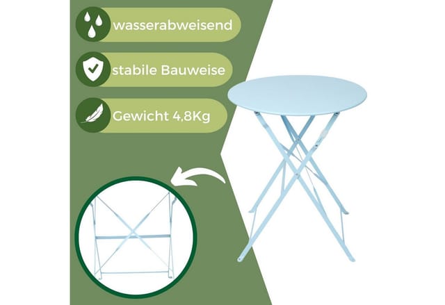Bistroset 3-teilig Blau – Bistrotisch mit 2 Stühlen – klappbare Stühle und Tisch aus robustem Metall – optimal als Balkonmöbel Set oder Gartenmöbel
