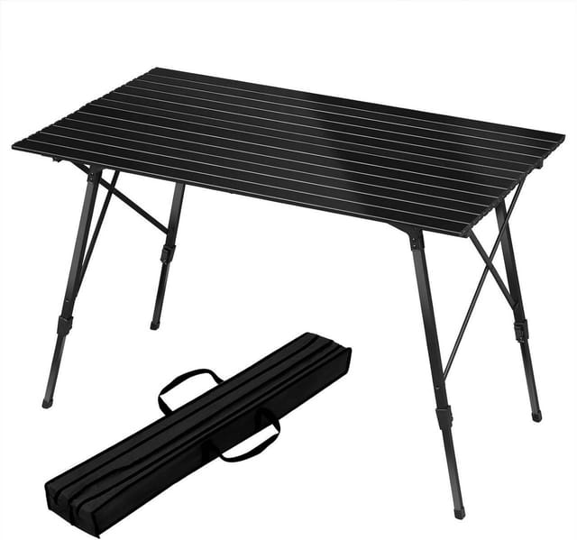 Campingtisch Alu Klapptisch mit Tragetasche, aufrollbarer Tischplatte, Leichtgewicht Reisetisch Höhenverstellbar, für Outdoor Camping Garten,