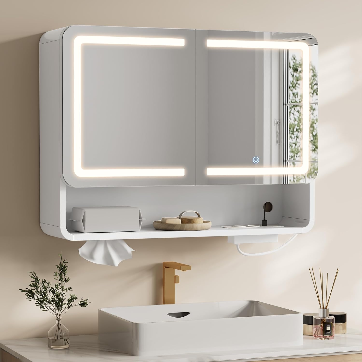Spiegelschrank Bad Mit Beleuchtung Led, 80x60x16cm, Badezimmer Spiegelschrank Mit Steckdose, Badezimmerschrank Verstellbare Regale, Hängeschrank, Einlass Für Die Tissuebox
