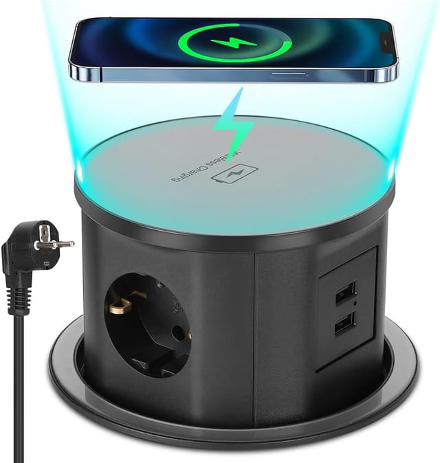 Mehrfachsteckdosen Versenkbare Steckdose 2 Usb A, 3 Fach Tischsteckdose Steckdosenleiste Mit 15w Kabellosem Ladegerät, Einbausteckdose Für Arbeitsplatte Küche Zuhause Büro 3680w/16a, 1.8kabel, D 120mm