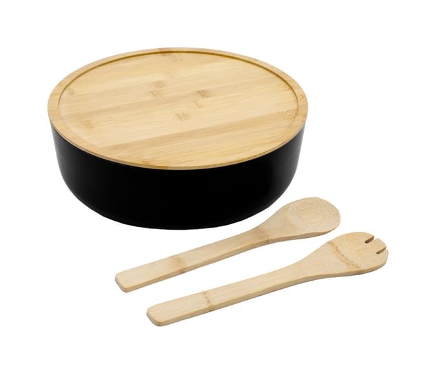 Spetebo - xxl Salatschüssel inklusive Bambus Besteck 30 cm - schwarz - Kunststoff Schale groß mit Holz Deckel - Rührschüssel Servierschüssel