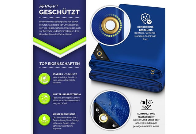 Abdeckplane Blau - 2x3 m mit Ösen + 10 Haken & 15m Seil Gewebeplane 650g/m² Wasserdicht & Reißfest Premium PVC-Plane Universell lkw, Pool, Holz