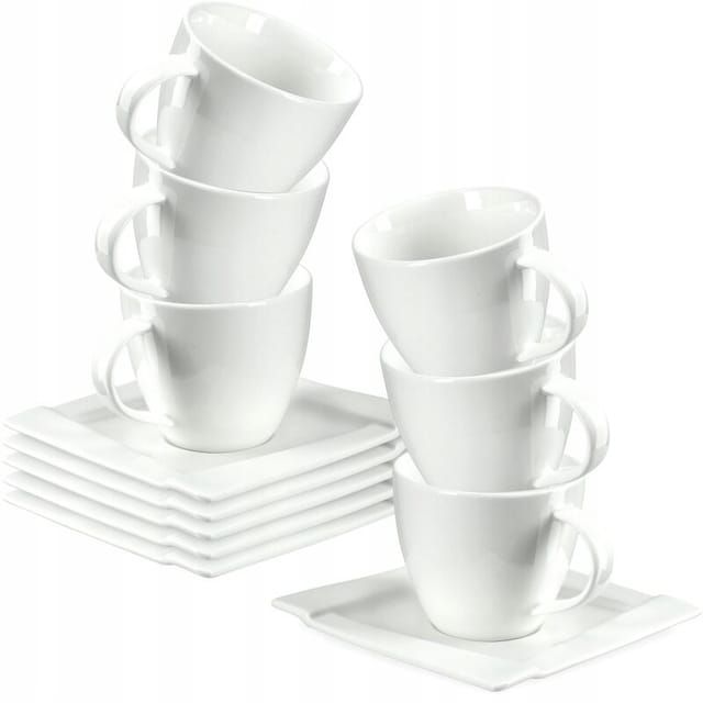 Kadax - Kaffeetassen Set, 12-Teiliger Porzellan Kaffeeservice, 220ml, Weiß