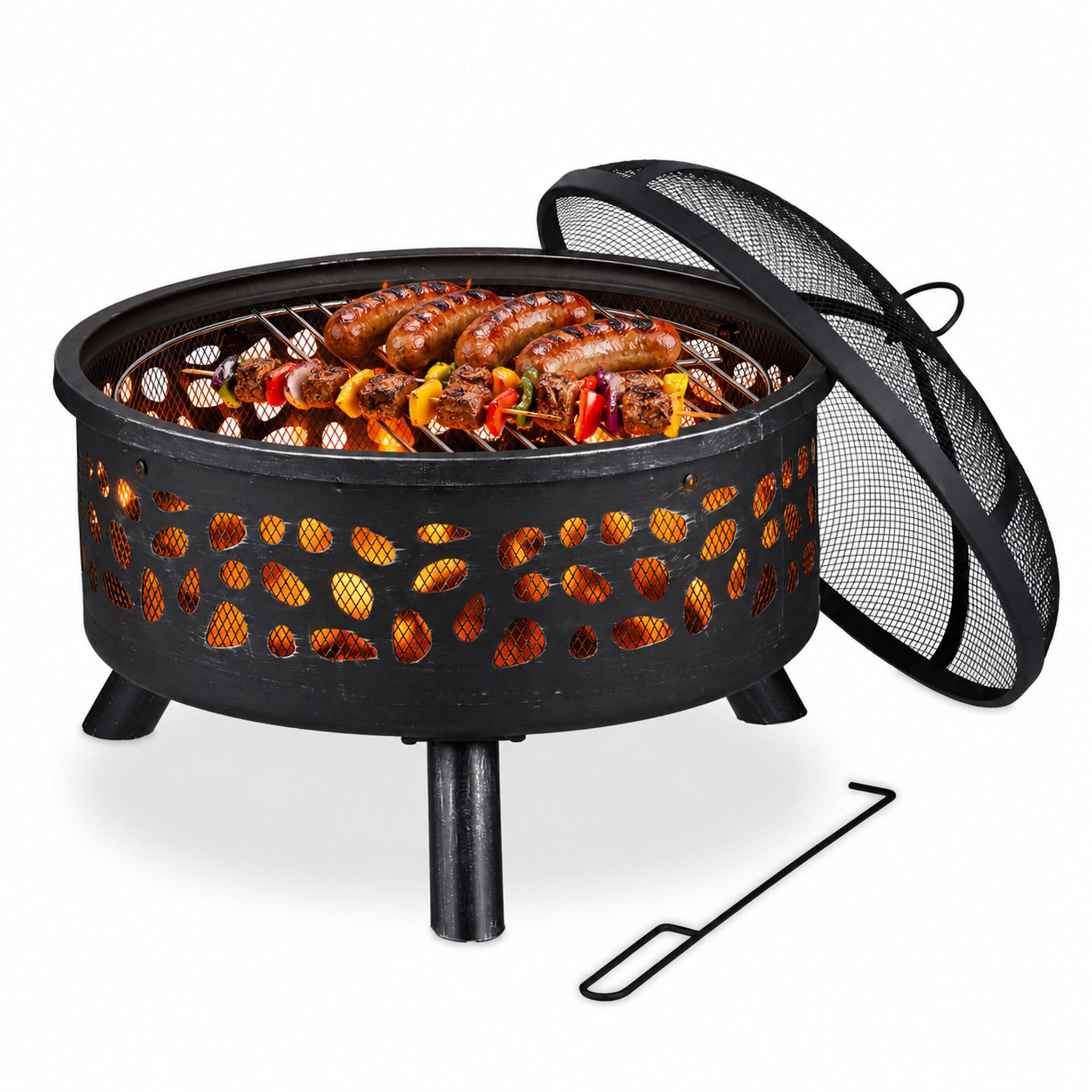 Relaxdays Feuerschale Mit Grillrost & Funkenschutz, Schürhaken, Kohlerost, Ø 60 Cm, Feuerstelle Garten, Schwarz/silber