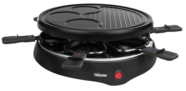 Raclette für 6 Personen Tischgrill, Grillplatte Ø29cm, 3 Crêpeflächen 800 Watt