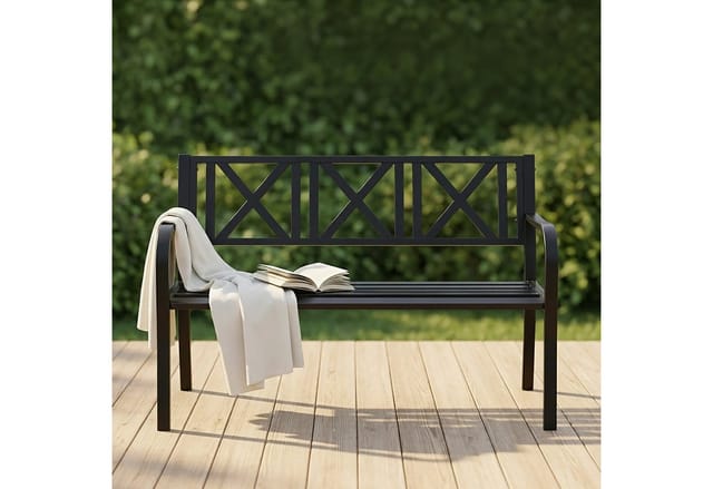 Relaxdays Gartenbank aus Metall, 2-Sitzer, robust, für Terrasse, Balkon, Ruhebank HxBxT 81 x 127 x 56 cm, Stahl, schwarz