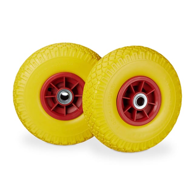 Relaxdays - 2x Sackkarrenrad, pannensichere Vollgummireifen, 3.00-4 Zoll, 20mm Achse, bis 80 kg, 260 x 85 mm, gelb-rot