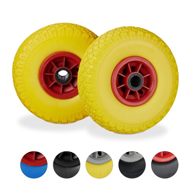 Relaxdays - Sackkarrenrad 2er Set, pannensichere 3.00-4' Vollgummireifen, 25 mm Achse, bis 80 kg, 260x85 mm, gelb-rot