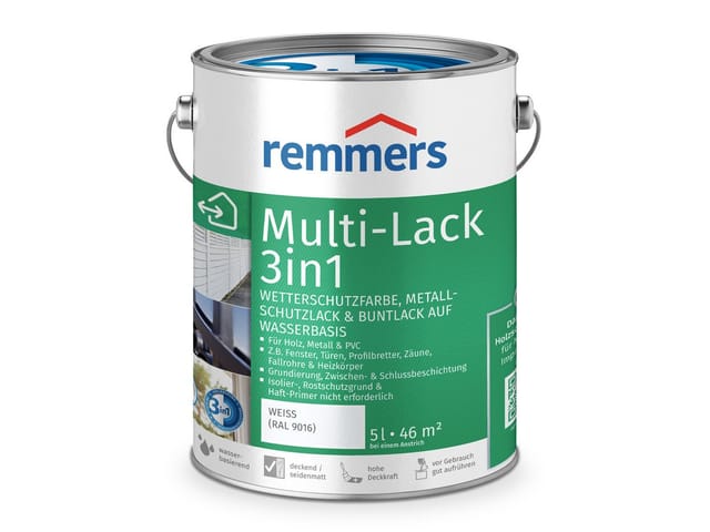 Remmers Multi-Lack 3in1 weiß (ral 9016), 5 Liter, Wetterschutzfarbe, Metallschutzlack & Buntlack auf Wasserbasis für Holz, Metall & pvc
