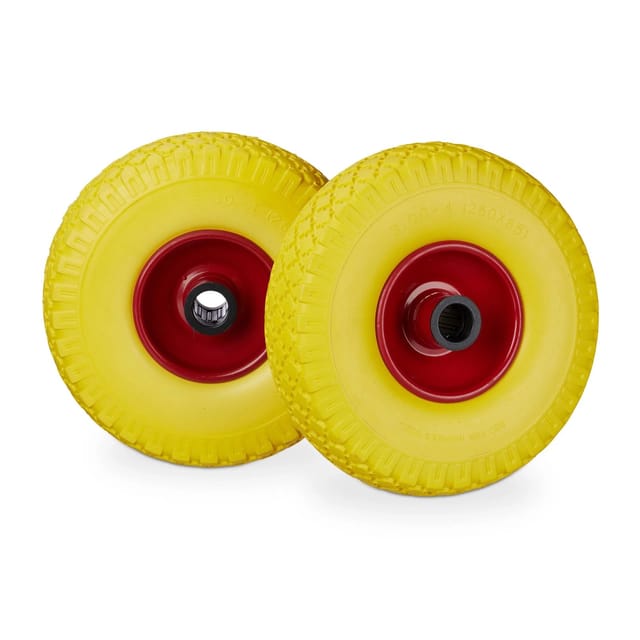 Relaxdays - Sackkarrenrad Set, pannensicher, 3.00-4 Vollgummireifen, Stahlfelge, 25mm Achse, 100 kg, 260x85mm, gelb-rot