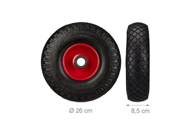 Relaxdays - Sackkarrenrad Set, pannensicher, 3.00-4 Vollgummireifen, Stahlfelge, 25mm Achse, 100 kg, 260x85mm, schwarz-rot